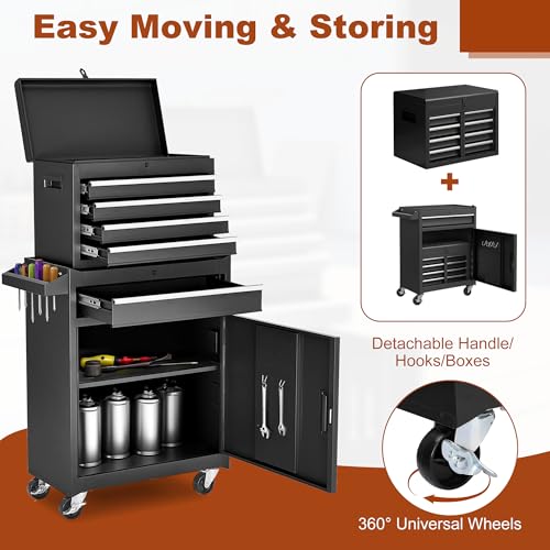 Rolling Tool Chest 5 Drawers Tool Box Garage Storage Cabinet Steel Frame 2 in 1 Tool Cart with Universal Lockable Wheels