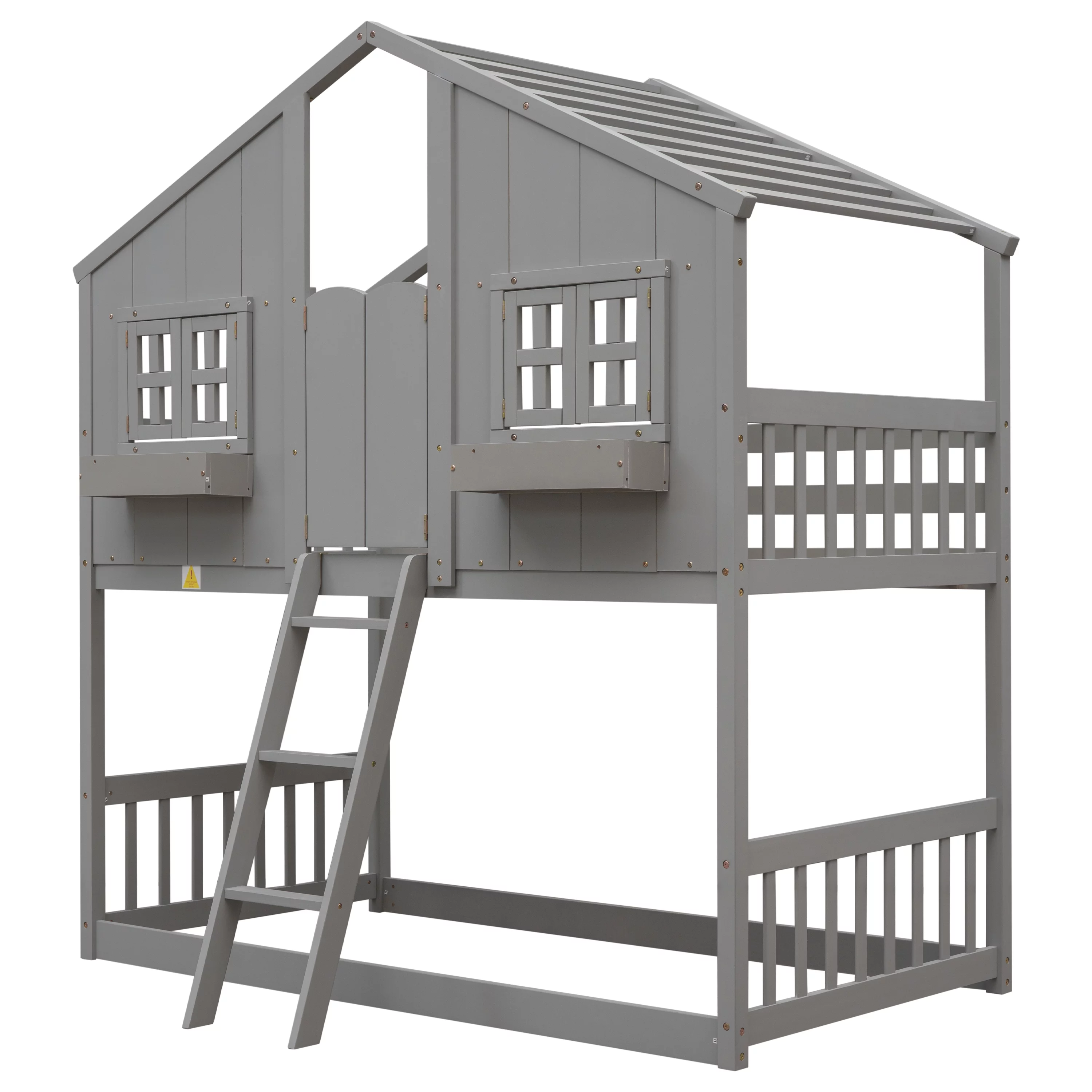 Solid Wood Twin over Twin House Bunk Bed with Roof, Window, Window Box, Door, Ladder and Guard Rail