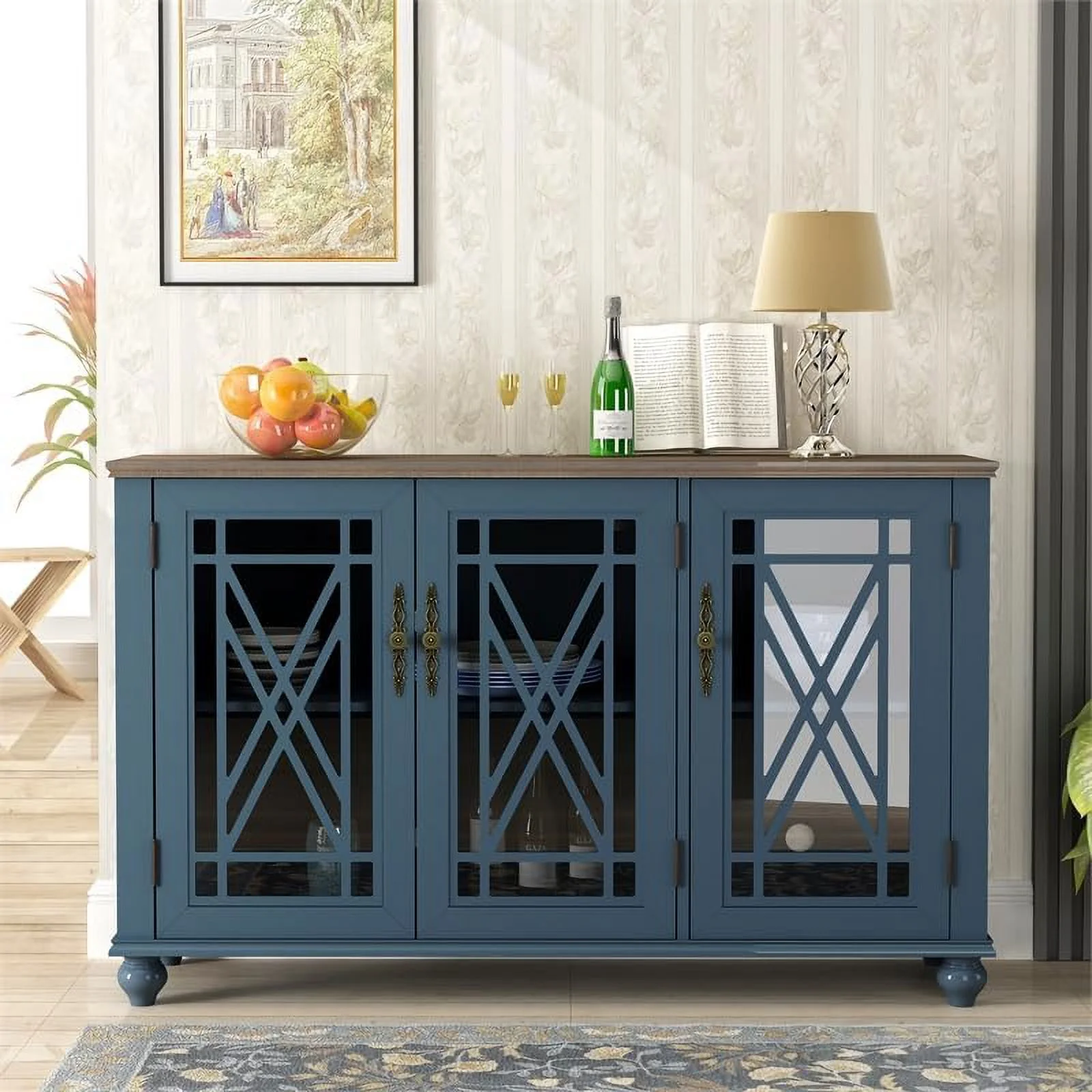 Vintage Wood Kitchen Accent Buffet Sideboard Cabinet - Navy