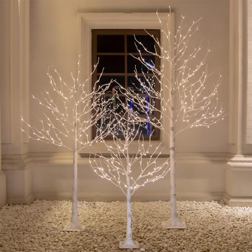 Lighted Birch Tree Set 4ft, 6ft and 8ft with Warm White LED Lights for Holiday Decor - Realistic Design, UL Certified, Dimmable, Waterproof