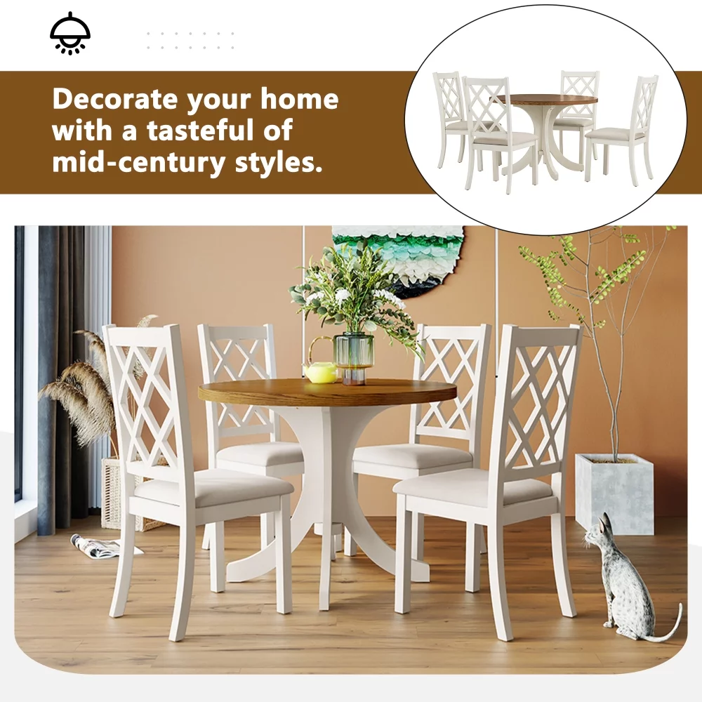 Dining Table Set for 4, Mid-Century Solid Wood 5-Piece Round Dining Room Table Set, Dining Table and Chairs Set for Small Places, Walnut+Beige