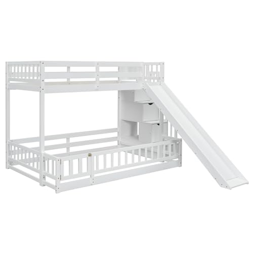 Bunk Beds Twin Over Full Size, Pine Solid Wooden Bunk Bed with Slide, Storage Staircase, Safety Guardrails for Kids, White