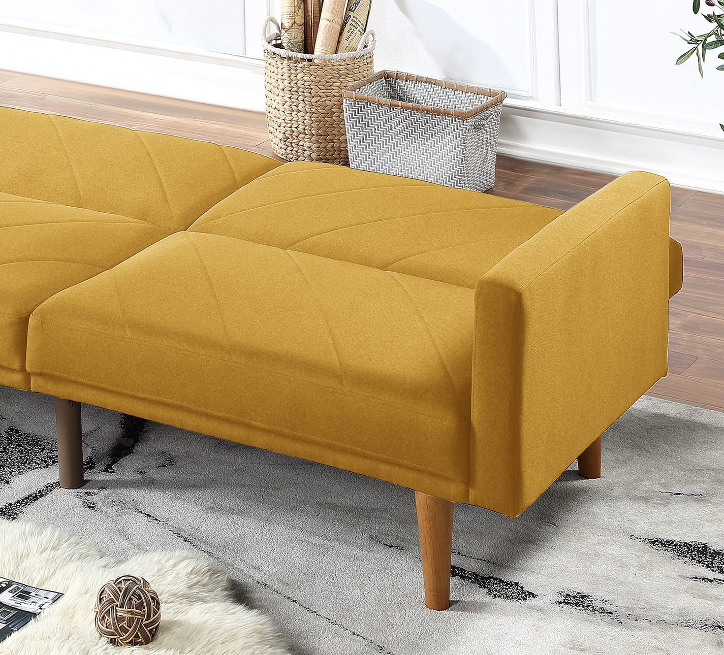 Modern Electric 1pc Convertible Sofa Couch Mustard Color Linen Like Fabric Cushion Clean Lines Wooden Legs Living Room