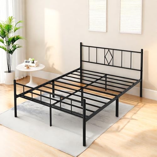 Full Size Bed Frame, 14 Inch Metal Platform Bed with Iron-Art Headboard & Footboard, Classic Bed Frame with Heavy Duty Metal Slats Support