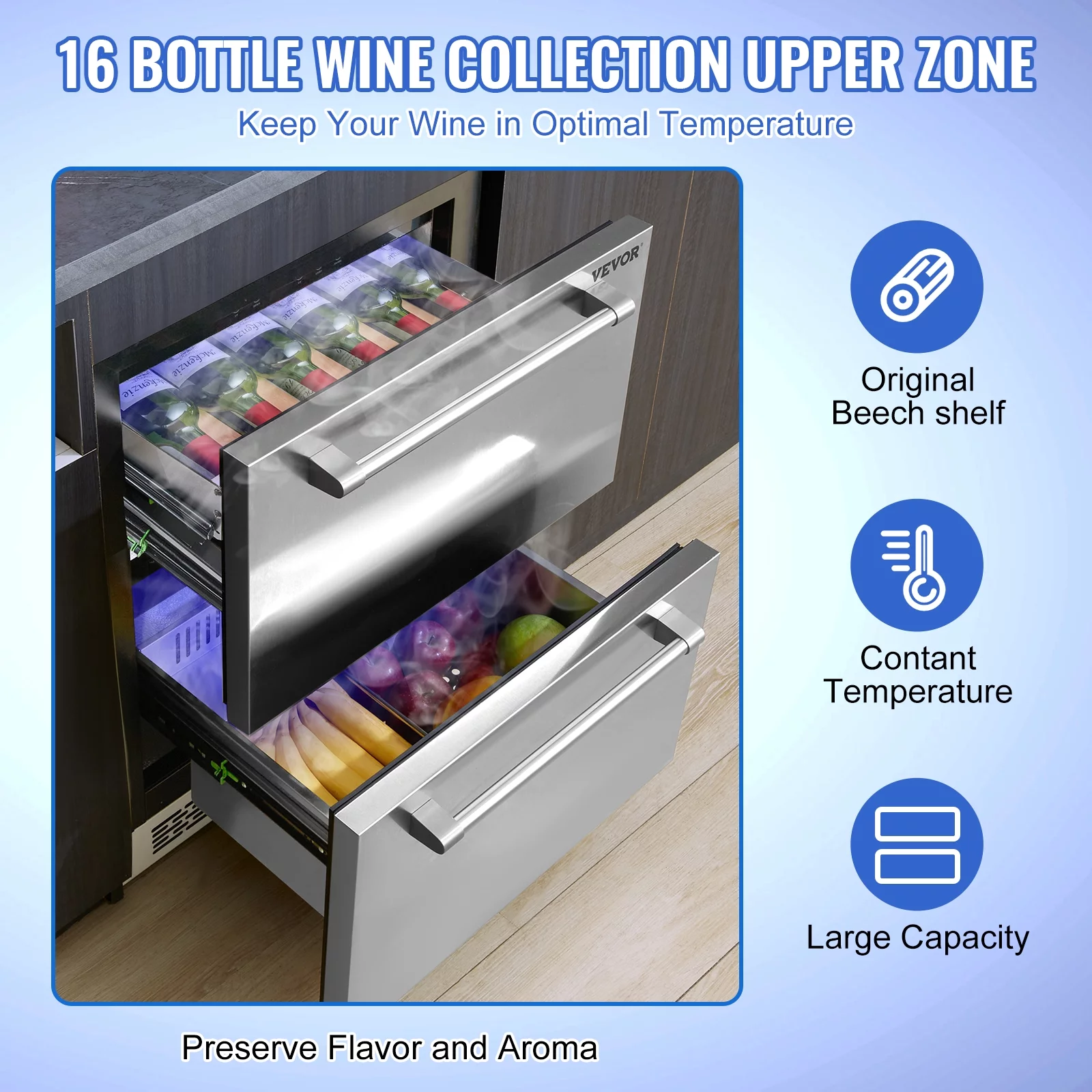 BENTISM Undercounter Refrigerator 24" Built-in 2 Drawer Refrigerator Fridge SUS Undercounter Freestanding Stainless Steel Door Beverage Refrigerator