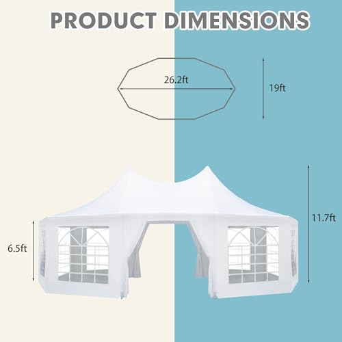 EROMMY 26x19ft Party Tent, White Wedding Tent, Decagonal Heavy Duty Canopy with 8 Removable Sidewalls, 8 Church Windows and 2 Pull-Back Doors