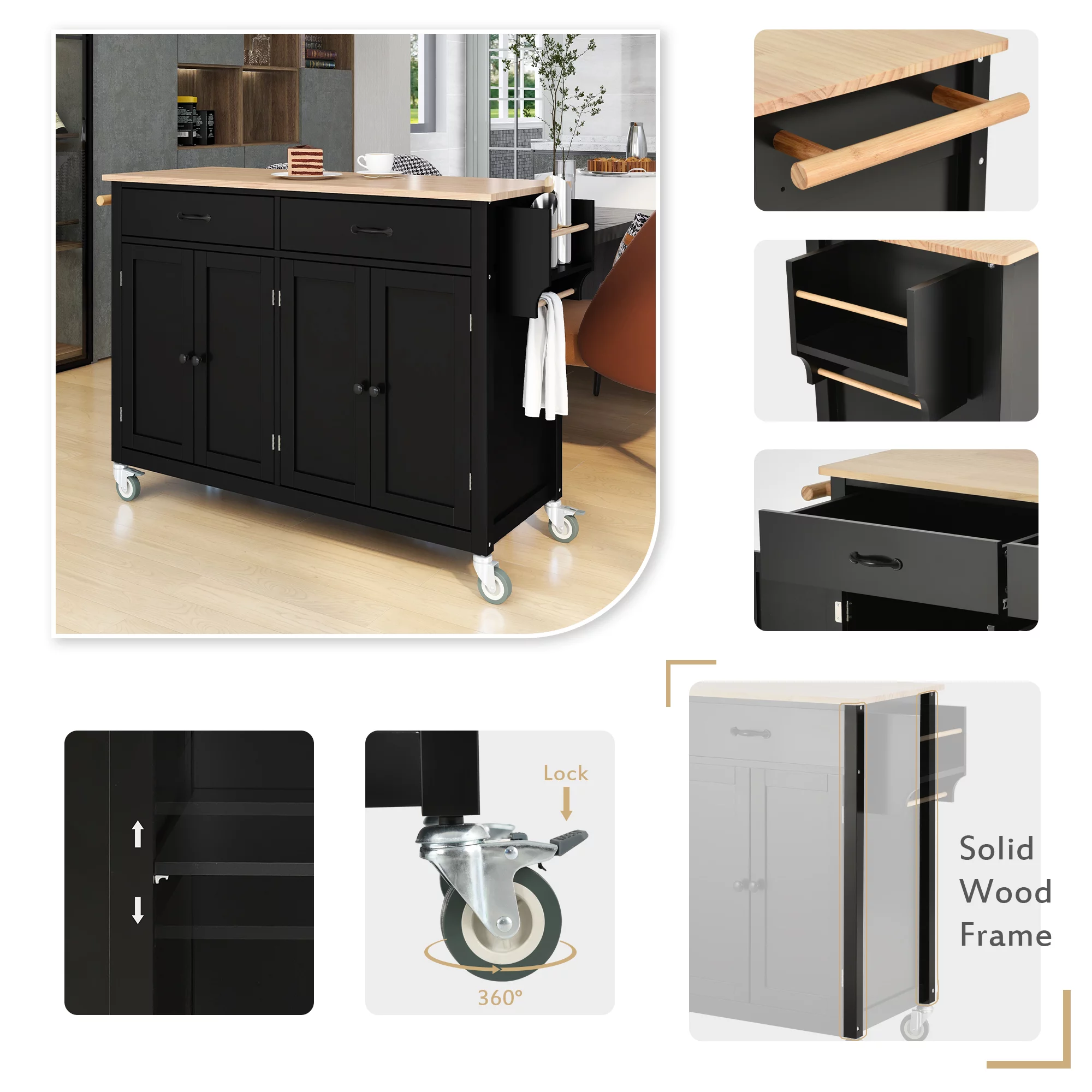 Movable Kitchen Island Cart, Storage Cart with 4-Door Cabinets and 2 Drawers, Modern Wood Kitchen Storage Cart with 2 Lockable Wheels