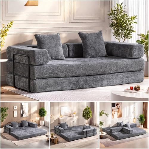 Convertible Floor Sofa Bed, Foldable Mattress Cloud Couch with Pillow Back & Armrest, Chenille Sleeper Sofa Bed with Fixed-Shape Frame