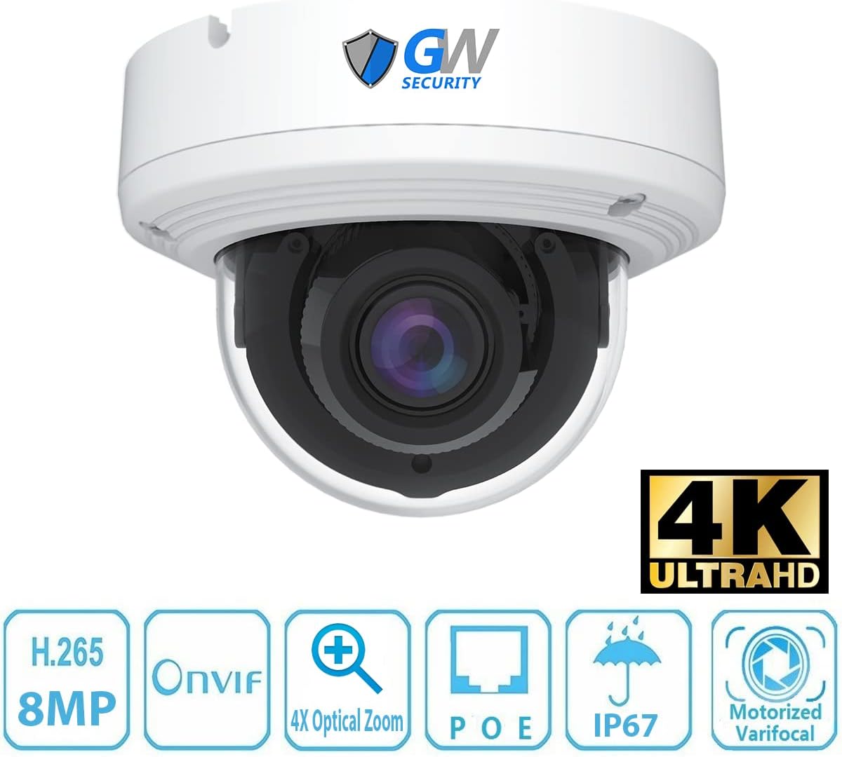 GW 4K (3840x2160 @30fps Real-time) 8 Channel Security Camera System with 4 8MP AI Facial Recognition/Human/Vehicle Detection 5X Optical Motorized