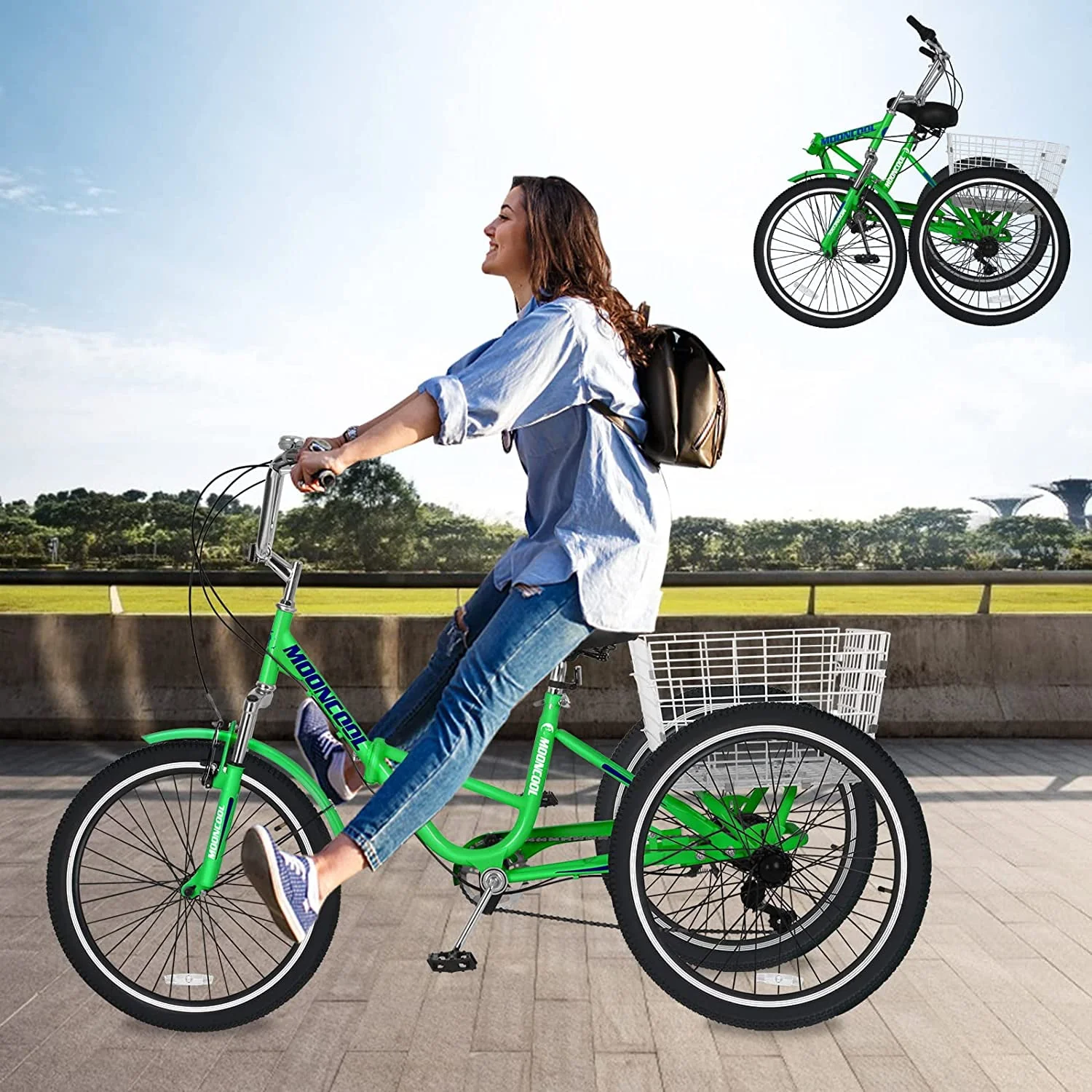 MOONCOOL Adult Folding Tricycle for Adults, 7 Speed 20/24/26 inch 3 Wheels Bikes with Basket, Foldable Tricycle for Adults, Women, Men, Seniors
