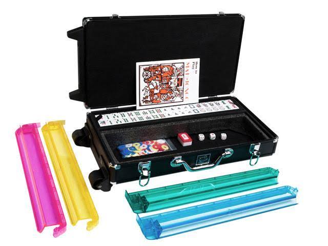 American Mahjong Set Wheeled Aluminum Case White Tiles Pusher Arms Black Color White Swan Jongg by mAh