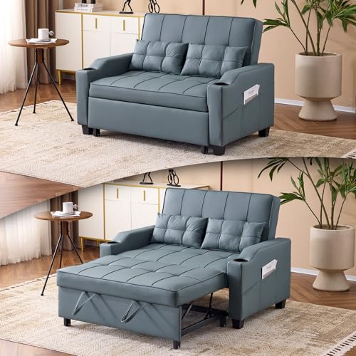 VINGLI Light Green Futon Sofa Bed Convertible Loveseat Sleeper Couch, Faux Leather Pullout Sofa Fold Out Couch Bed with USB Ports, Cup Holders