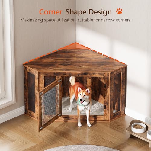 Corner Dog Crate Furniture, Wooden Dog Kennel End Table, Decorative Pet Crate Indoor Use, Furniture Style Dog House for Small Medium Dog