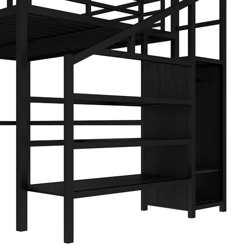 SOFTSEA Queen Size Loft Bed with LED Lights & USB Ports, Heavy Duty Metal Loft Bed with L Shaped Desk & Storage Stairs