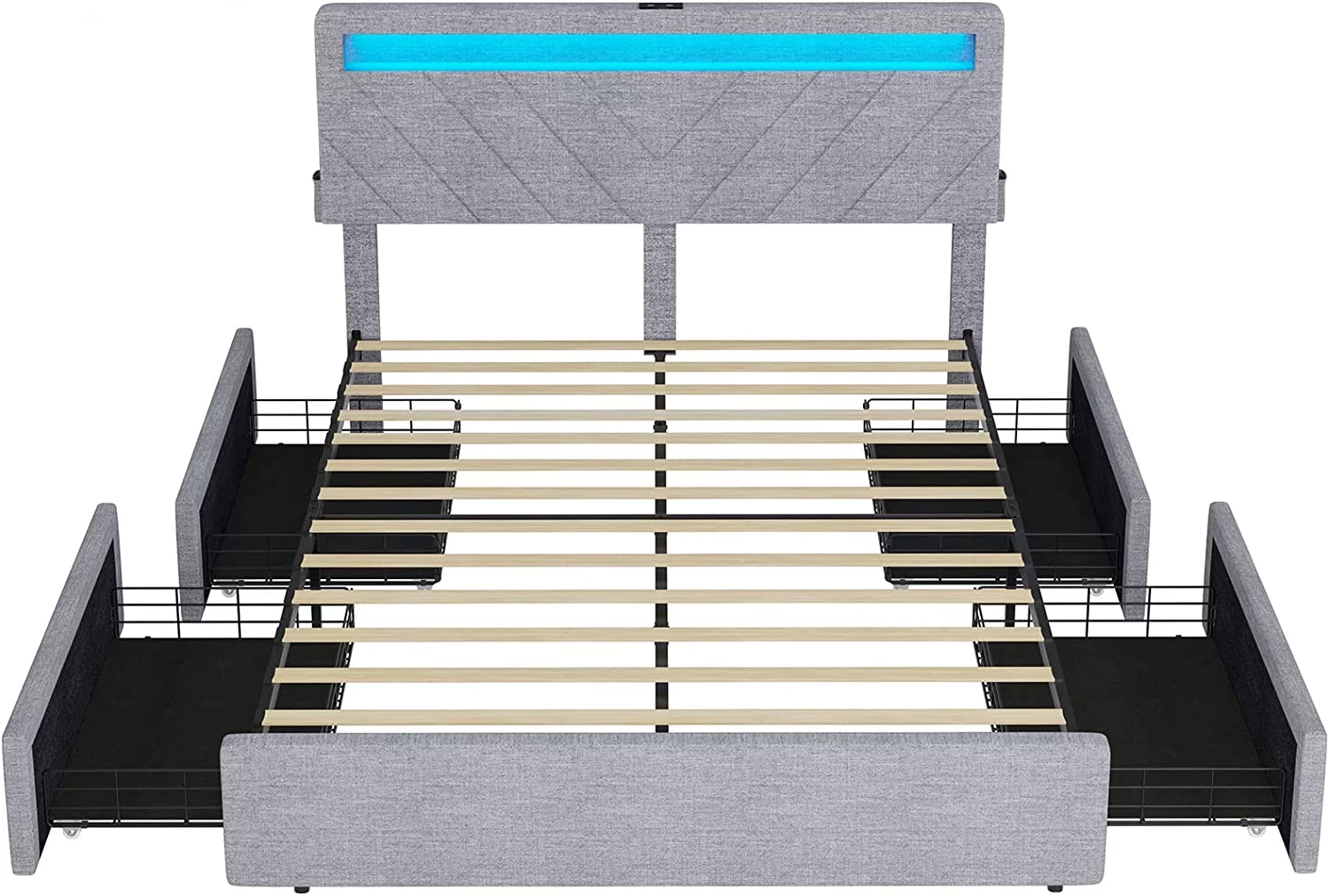 Queen Size Bed Frame with 4 Drawers, Upholstered Platform Bed with LED Lights Headboard and USB Charging Station, No Box Spring Needed, Dark Grey