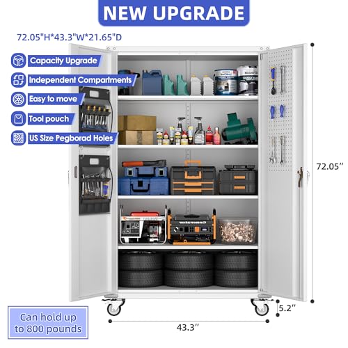Metal Storage Cabinet with Wheels, 73" H Rolling Garage Cabinets with Locking Doors and Adjustable Shelves for Home Office, Basement, Pantry, Workshop