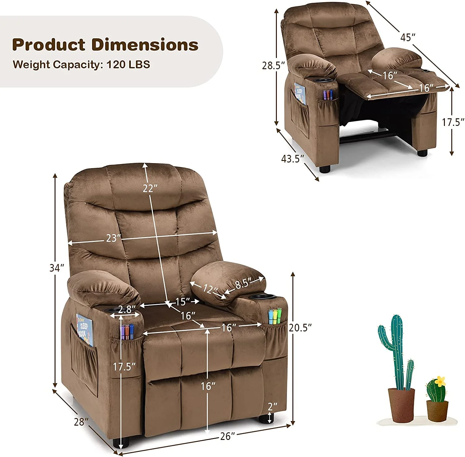 Kids Recliner Chair with Cup Holder  Adjustable Velvet Lounge Chair w/Footrest