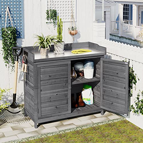 Merax 66" Large Outdoor Farmhouse Wooden Potting Bench Table, Garden Workstation with 2 Drawers, Cabinet, and Open Shelves for Backyard, Mudroom