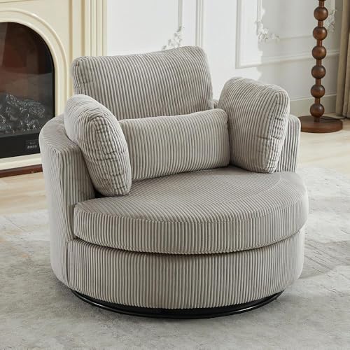Aoiy & Wifon 42.2" W Oversized Swivel Barrel Chair with Ottoman, Upholstered Round Accent Chair with Storage Ottoman, Chenille, Beige