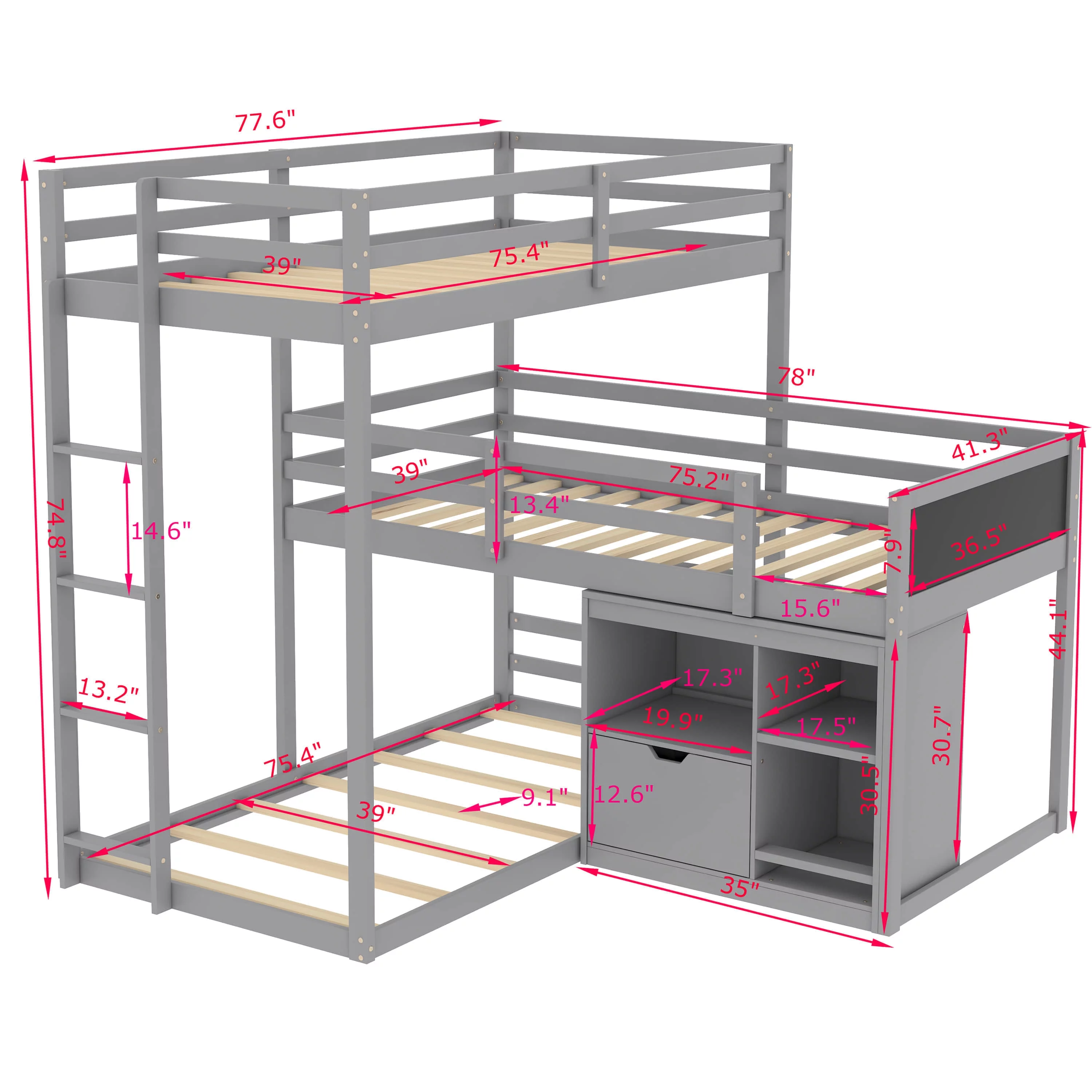 L-shaped Wood Triple Twin Size Bunk Bed with Storage Cabinet and Blackboard, Ladder - Curated Treasures Market