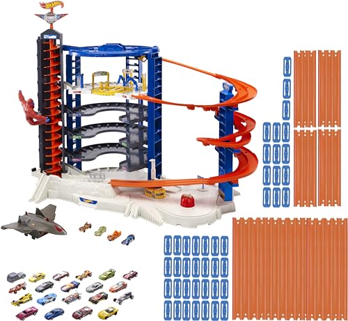 Hot Wheels Toy Car Track Set & 4 1:64 Scale Cars, Super Ultimate Garage, 3+ ft Tall with Motorized Gorilla & Storage for 140 Cars (Amazon Exclusive)