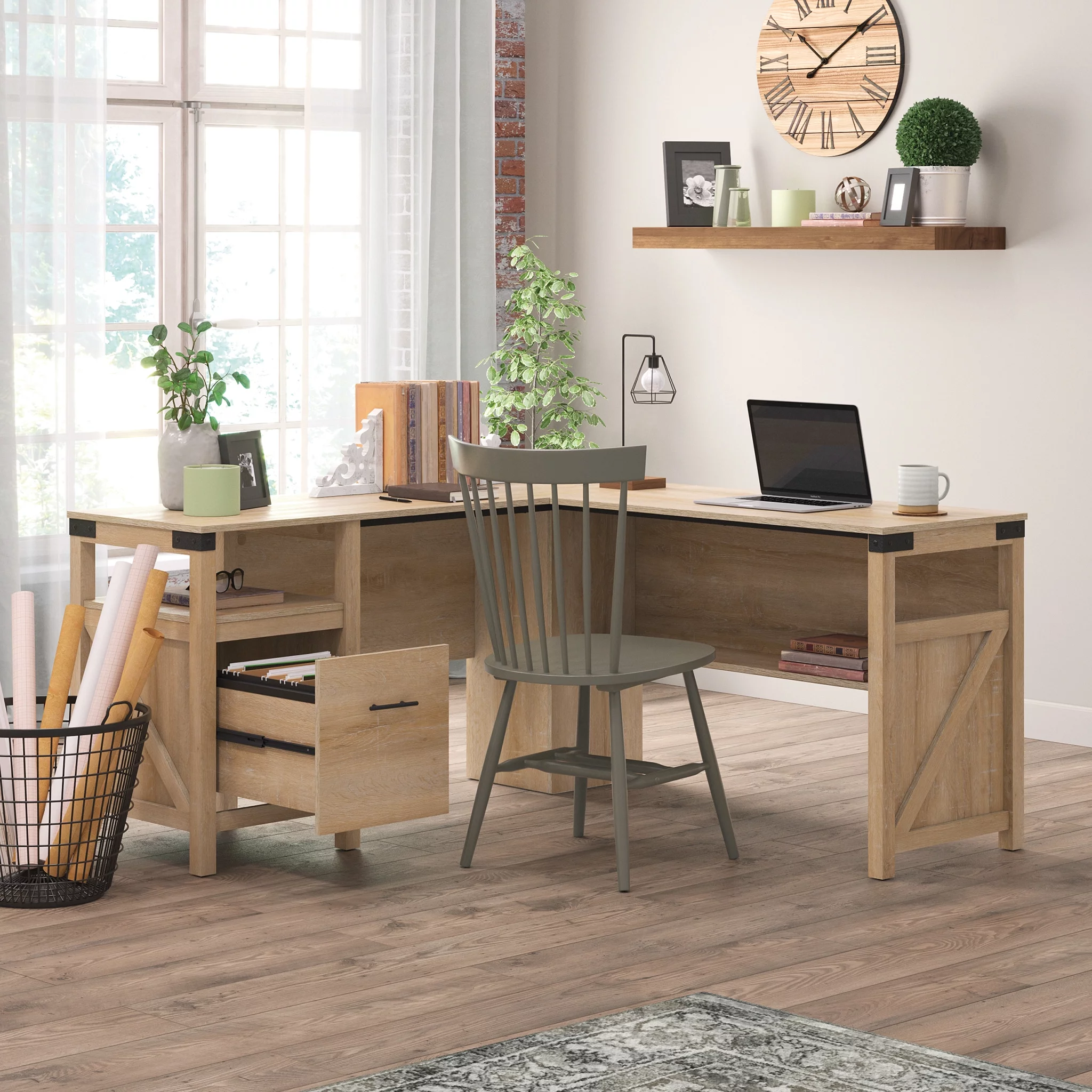 Sauder Saddler Way L-Shape Computer Desk with File Drawer, Orchard Oak Finish