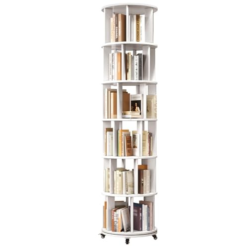 6 Tier Rotating Bookshelf Tower Spinning Bookshelf with Swivel Wheels Book Shelf Rotating Storage Tower for Kids Adult Narrow Walnut Solid Wood