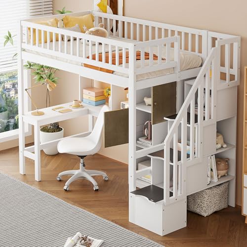 Gaming Bed with Desk,Wardrobe,Ample Storage Space,and RGB LED Light, Full Size Wood Loft Bed for Kids Bedroom (Cloud Blue/K)