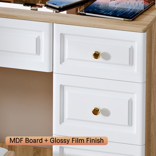 43" Makeup Vanity Desk with Mirror and Lights, & Power Outl, Glass Top Big Vanity Table with 9 Drawers& 8 Storage Shelves