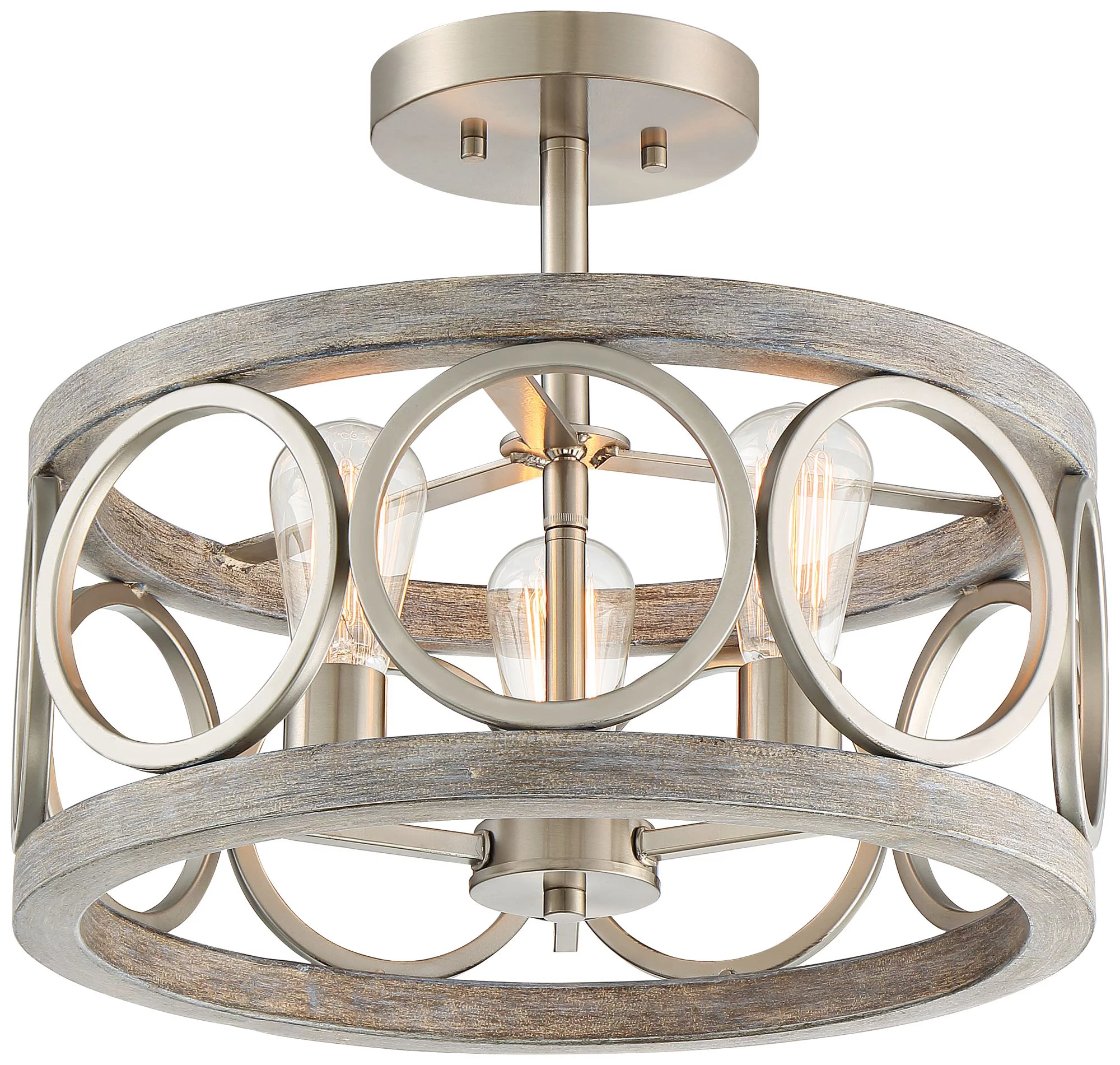 Franklin Iron Works Salima Rustic Farmhouse Ceiling Light Semi Flush Mount 16" Wide Brushed Nickel Gray Wood 3-Light LED for Bedroom Living Room House