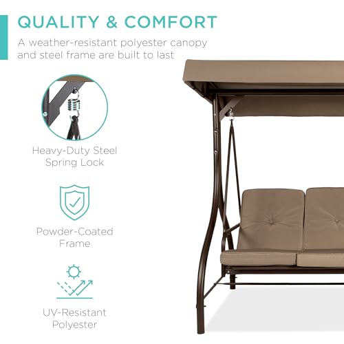 Best Choice Products 3-Seat Outdoor Large Converting Canopy Swing Glider, Patio Hammock Lounge Chair for Porch, Backyard w/Flatbed, Adjustable Shade