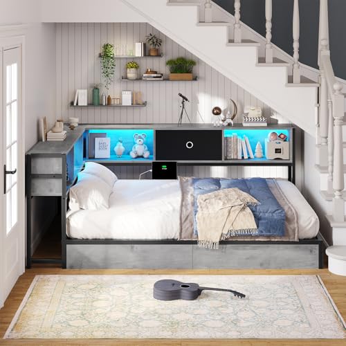 Hasuit Corner Bed Frame with Storage Bookcase, Twin Daybed with Storage Drawers Underneath, Kids Bed Unit with Charging Station and LED Light
