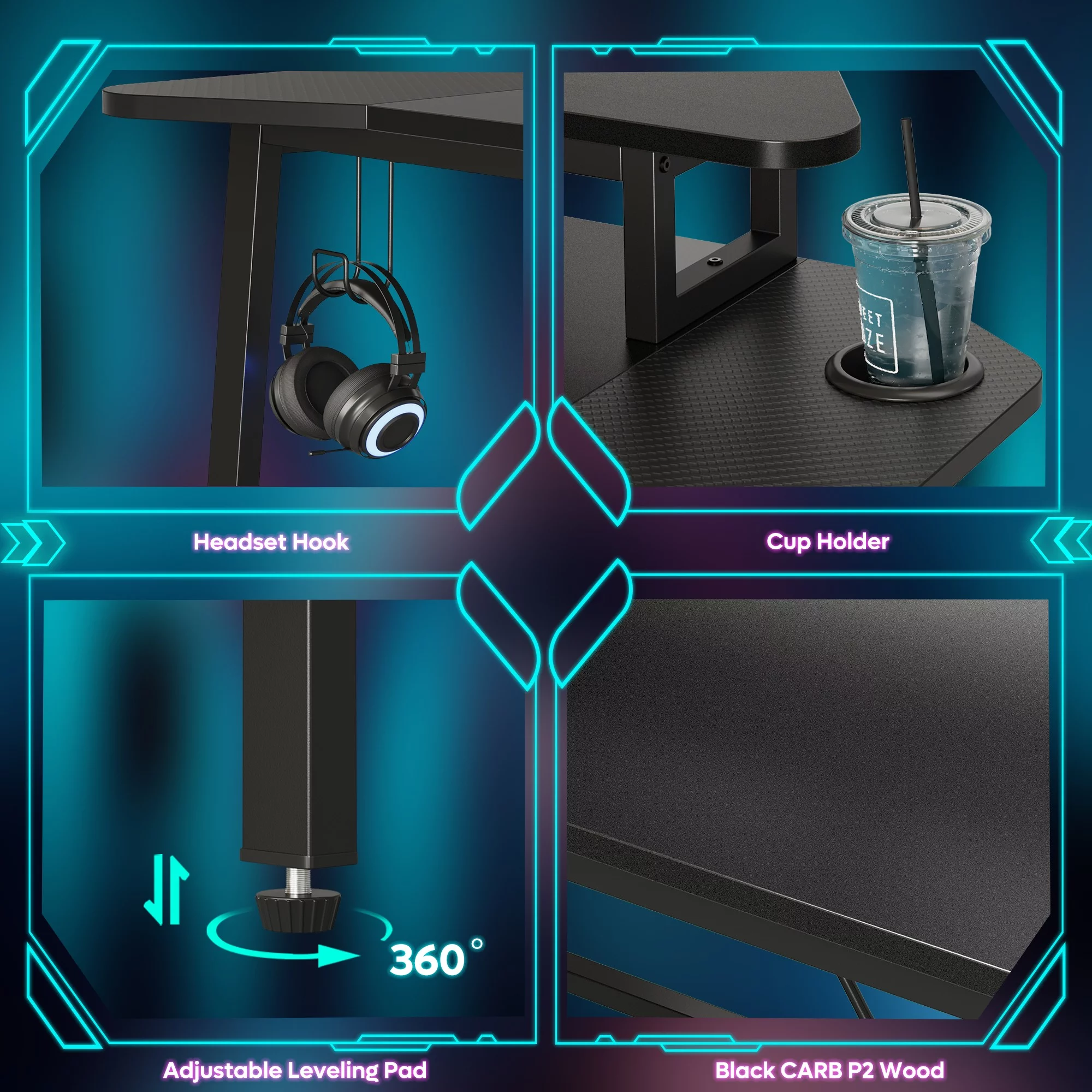 Bestier Gaming Desk 50 Inch PC Computer Desk with LED Lights Monitor Stand Cup Holder, Black