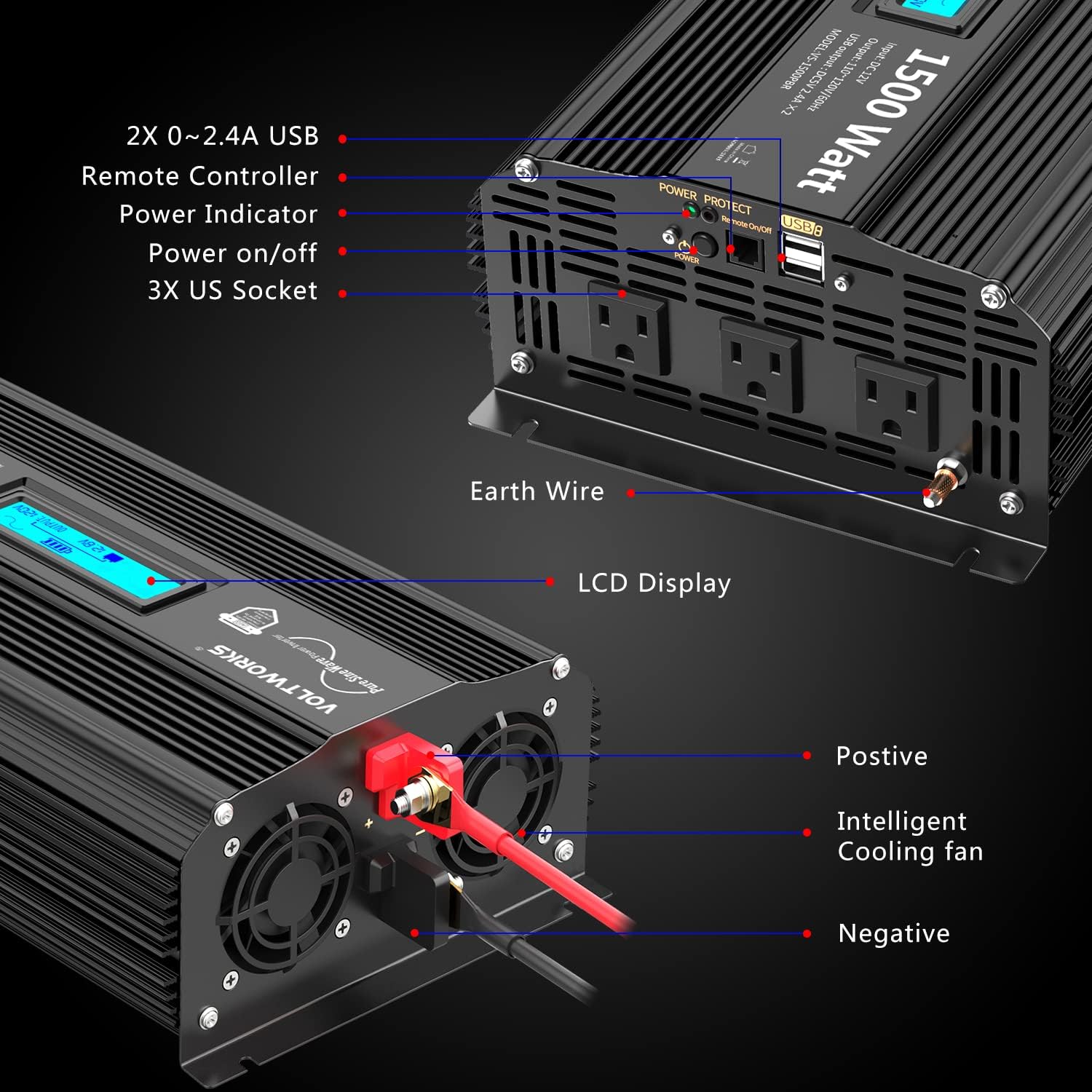 Pure Sine Wave 2500 Watt Car Power Inverter 2500w Converter DC 12V to 110V-120V AC with LCD Display 2 AC Outlets 2x2.4A USB Ports 1 AC Terminal Block