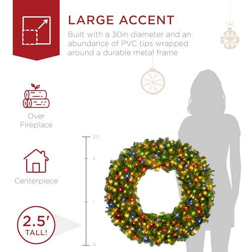 Best Choice Products 60in Large Artificial Pre-Lit Fir Christmas Wreath Holiday Accent Decoration w/ 300 LED Lights, 930 PVC Tips