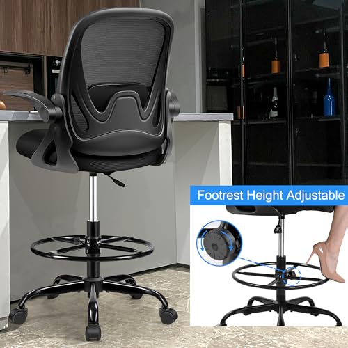 Primy Drafting Chair Tall Office Chair with Flip-up Armrests Executive Ergonomic Computer Standing Desk Chair with Lumbar Support and Adjustable