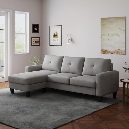 Sofa Couch for Living Room, Small 3-Seat L Shaped Couch Polyester Fabric with Convertible Sofa Bench, Modern Minimalist Couches for Small Space, Blue