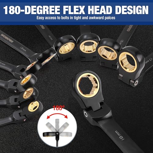 WORKPRO 22-piece Ratcheting Wrench Set with 180° Flex Head, Anti-Slip Tooth, Combination Wrench Sets with Organizer Box, Metric 6-18mm & SAE 1/4-3/4"