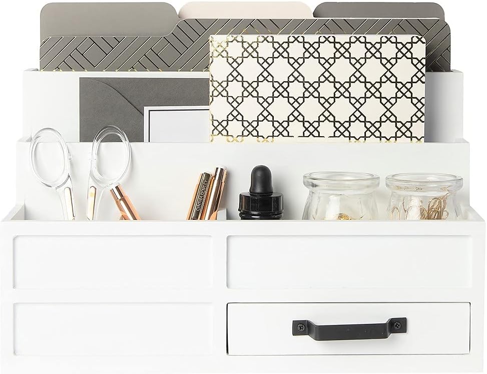 Blu Monaco White Wood Mail Organizer with Drawer and Pen Holder - Desk Organizers and Storage for Bills, Countertop, Kitchen