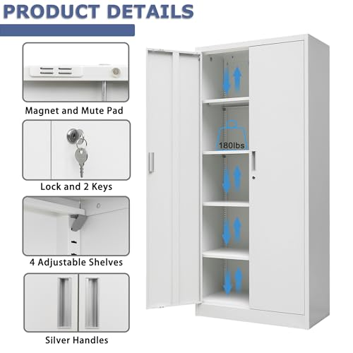 Metal Storage Cabinet, 72" H x 36" W x 18" D Locking Cabinet with Adjustable Shelves, Steel Storage Cabinets for Garage, Home, Office, Pantry (White)