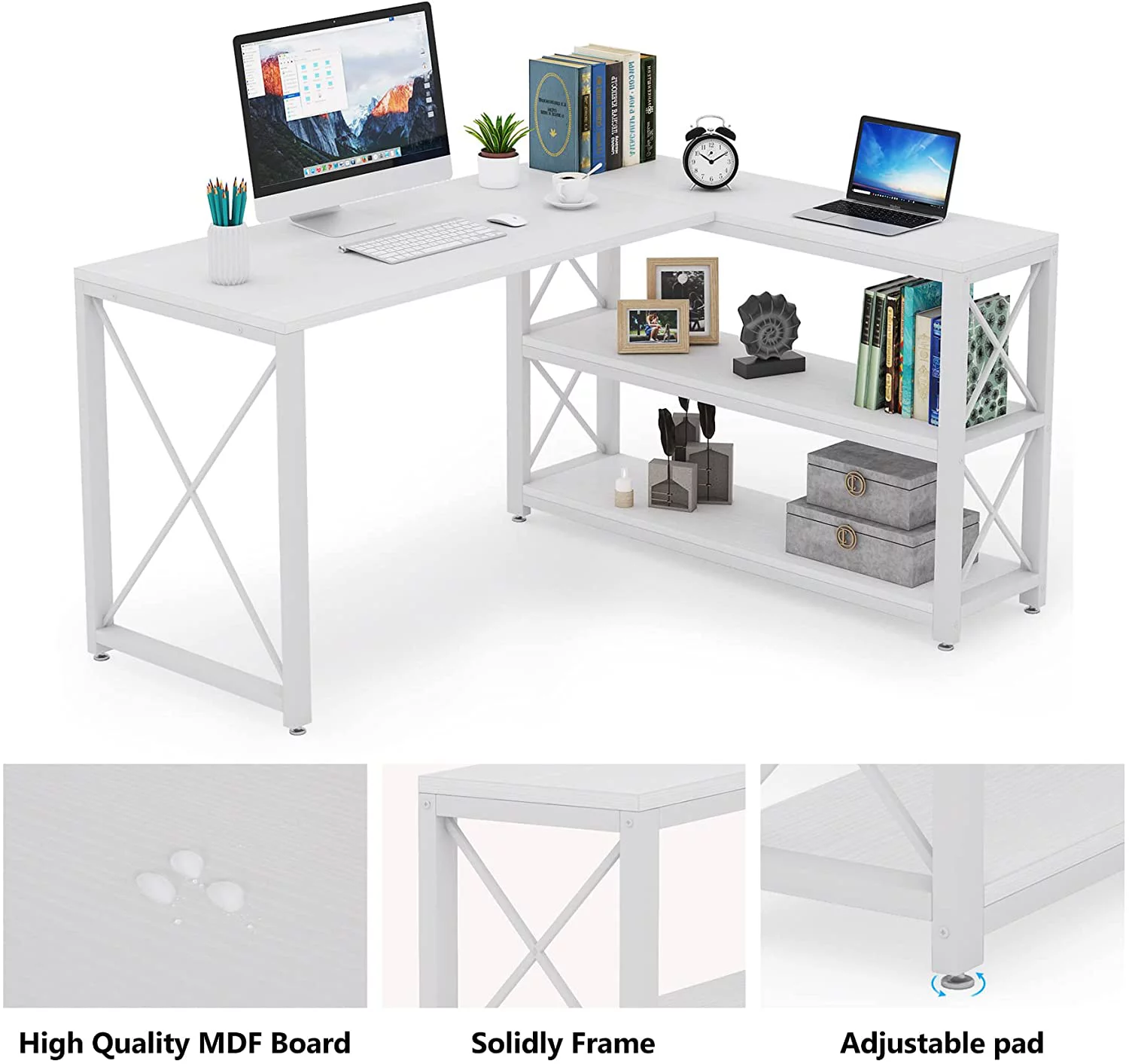 Tribesigns 59" Working Gaming Table, Reversible Computer PC Desk with 2 Shelves for Home Office, White