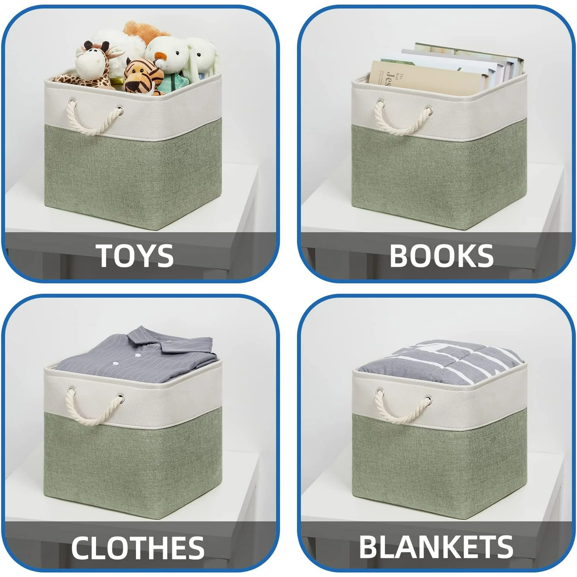 Fabric Storage Baskets 4Pack Storage Bins Decorative Basket for Gift, Clothes Bin with Rope Handle, Rectangle Baskets for Storage, Blankets(White&amp