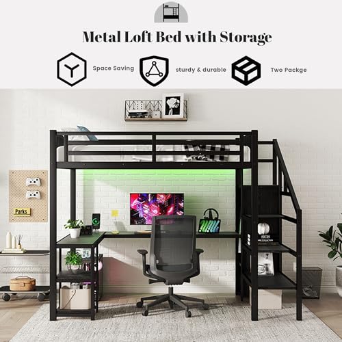 Full Size Loft Bed with Desk and Stairs, Heavy-Duty Steel Loft Bed Frame with Wardrobe & LED Light