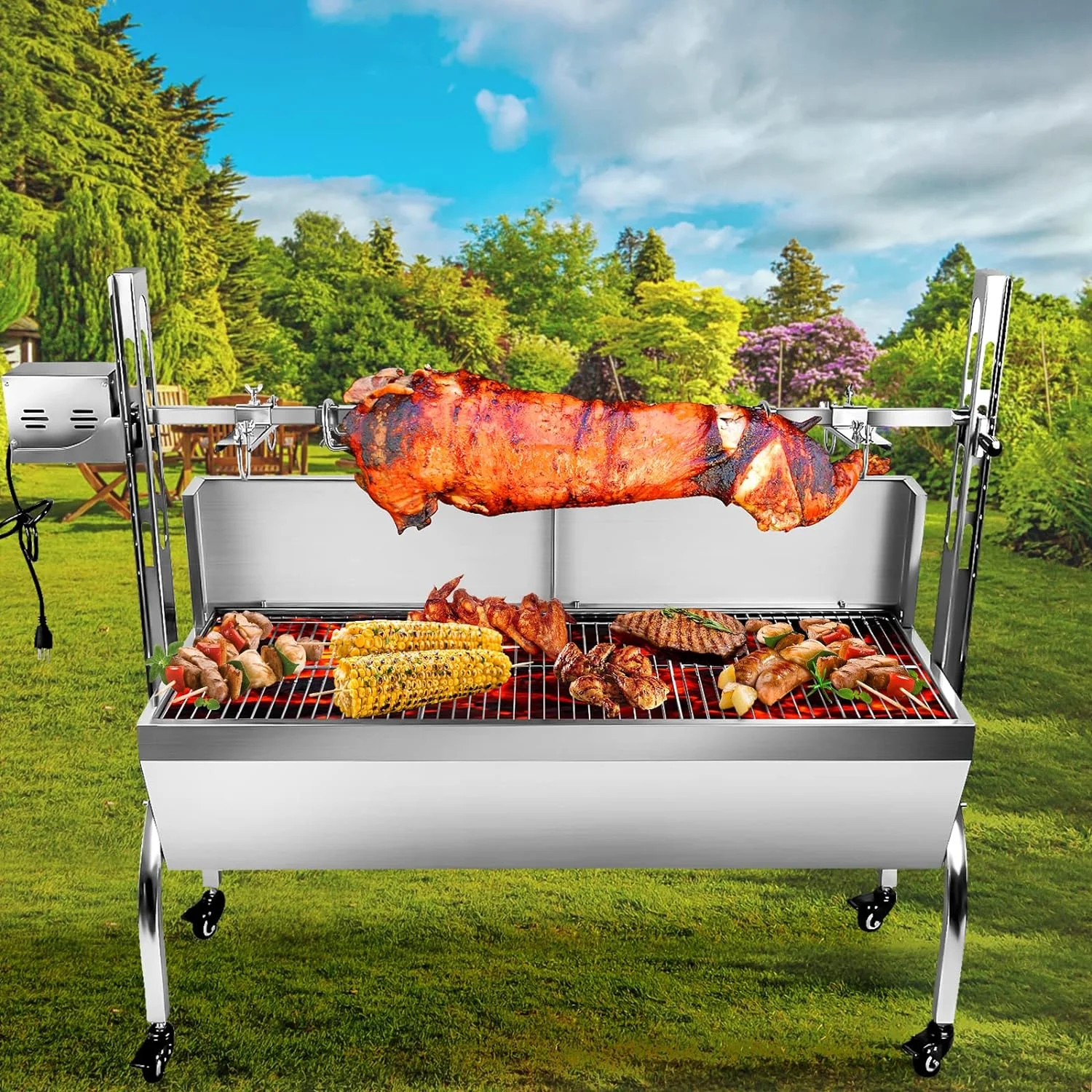 176LBS Stainless Steel Rotisserie Grill with Back Cover Guard, 25W Motor Small Pig Lamb Rotisserie Roaster