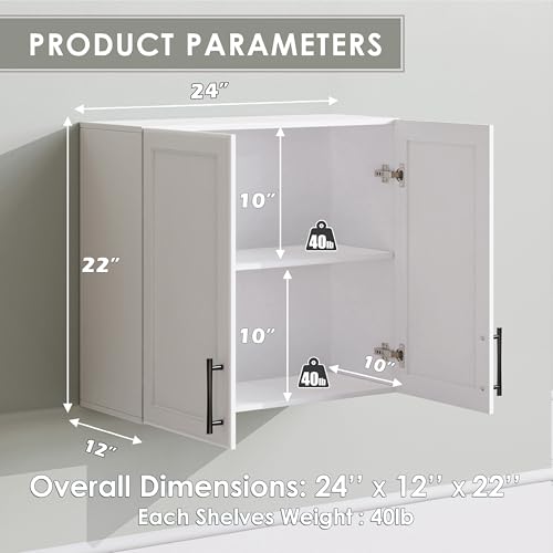 Wall Storage Cabinet - Kitchen Laundry Wall Amount Cabinet with Two Shaker Doors and Shelf, in Grey, 24'Wx2 Pcs