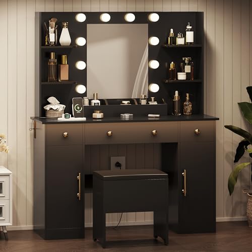Vanity Desk with Mirror and Lights, Makeup Vanity with Charging Station & Vanity Stool
