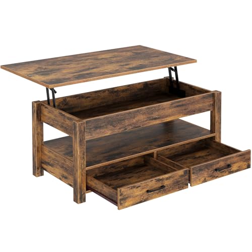 Rolanstar Coffee Table, Lift Top Coffee Table with Drawers and Hidden Compartment, Retro Central Table with Wooden Lift Tabletop, for Living Room