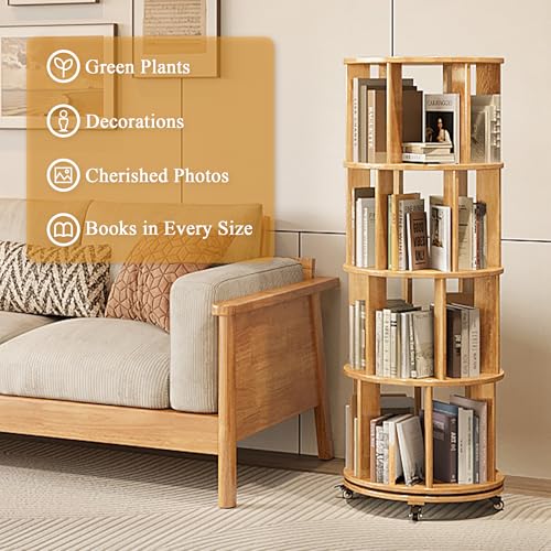 6 Tier Rotating Bookshelf Tower Spinning Bookshelf with Swivel Wheels Book Shelf Rotating Storage Tower for Kids Adult Narrow Walnut Solid Wood