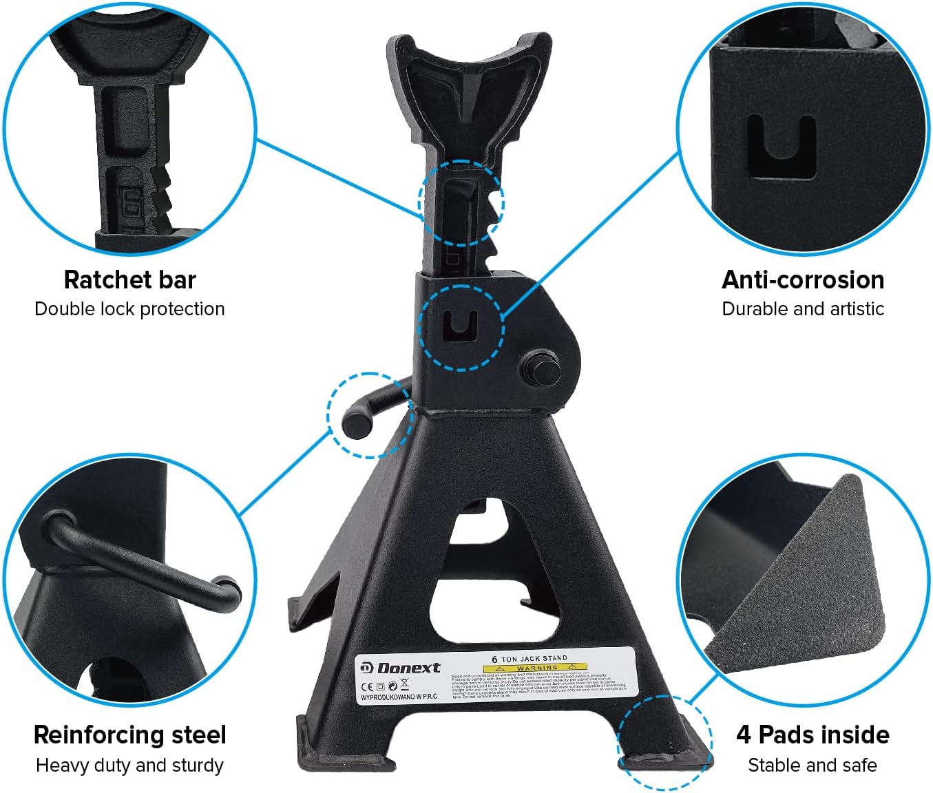 Donext Jack Stand 6 Ton Capacity Steel, Self-Locking Lifting Design Heavy Duty Jack Stands for Auto Vehicle Truck SUV, 1 Pair, Black