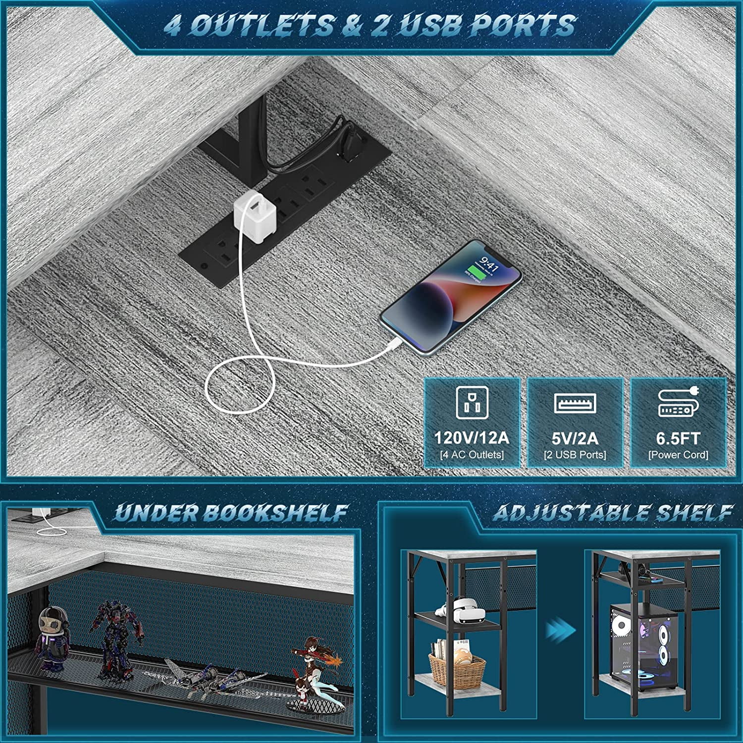 Homieasy L Shaped Desk with Power Outlets and LED Light, 55 inch Reversible L-Shaped Gaming Desk with Monitor Stand